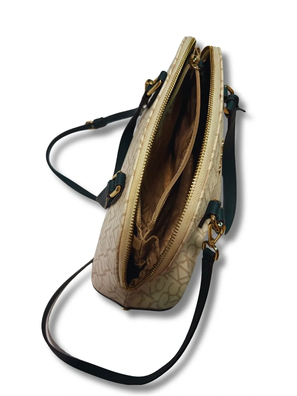 Calvin Klein Beige & Green Monogram Dome Shoulder Bag and Matching Card-Holder